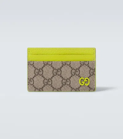 Gucci Men Beige Card Holder With Leather Finishes And All-over Gg Motif In Gg Canvas Man In Brown