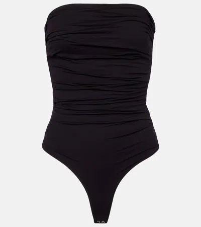 Agolde Gwyneth Strapless Ruched Stretch-jersey Bodysuit In Black
