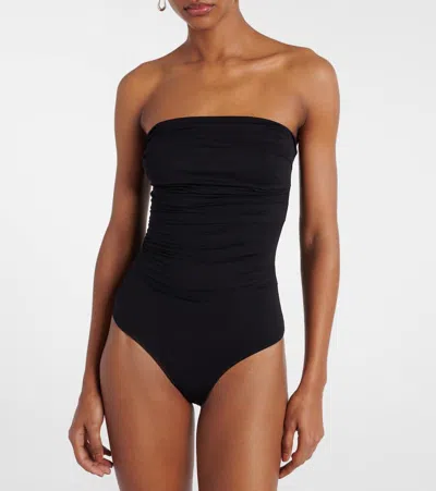 Agolde Gwyneth Strapless Ruched Stretch-jersey Bodysuit In Black