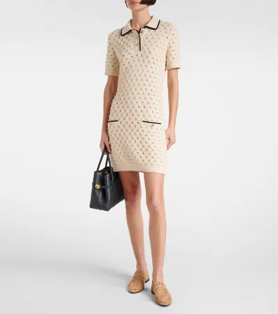 Frame The Bauble Piped Open-knit Cotton Mini Dress In Neutral