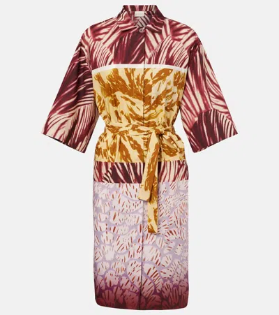 Dries Van Noten Womens Burgundy Abstract-print Belted Cotton-poplin Midi Dress