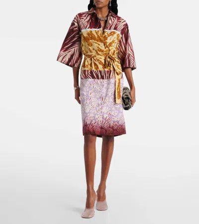 Dries Van Noten Womens Burgundy Abstract-print Belted Cotton-poplin Midi Dress