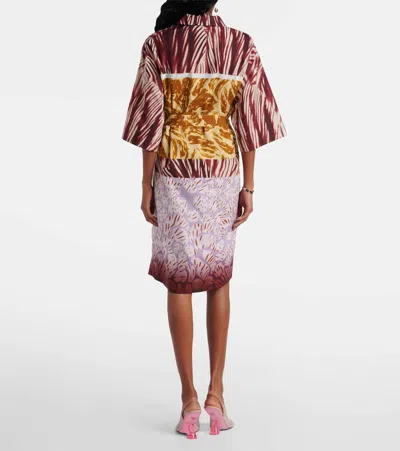 Dries Van Noten Womens Burgundy Abstract-print Belted Cotton-poplin Midi Dress