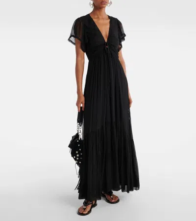 Isabel Marant Agathe Gathered Silk Maxi Dress In Black