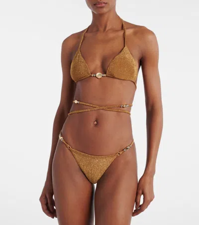 Same Shell Embellished Bikini Top In Brown
