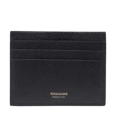 Ferragamo Black Card Holder With Micro Gancini On The Front And Logo Lettering On The Rear In Grained Leather  In Black