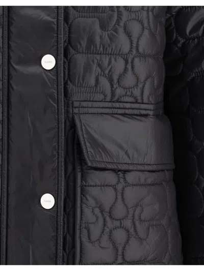 Ganni Shiny Black Quilted Midi Jacket With Pointed Collar