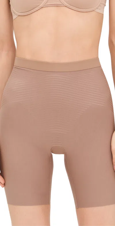 Spanx Oncore High-waist Mid-thigh Stretch-woven Shorts In Brown