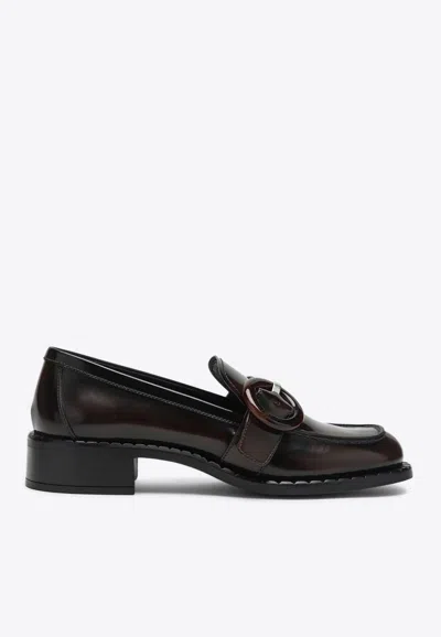 Prada Polished Brown Flat Shoes With Decorative Buckle