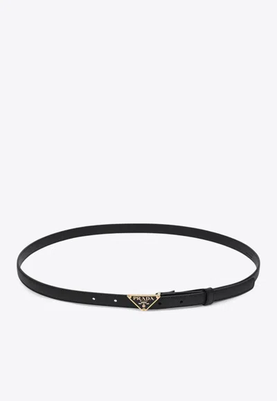 Prada Triangle Logo Saffiano Thin Leather Belt In Black