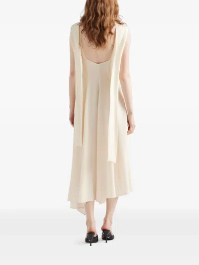 Prada Neck-scarf Backless Cady Crepe Midi Dress In Neutral