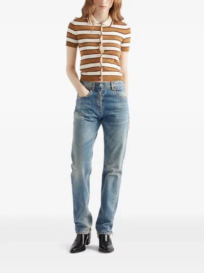 Prada Striped Short-sleeve Polo Sweater