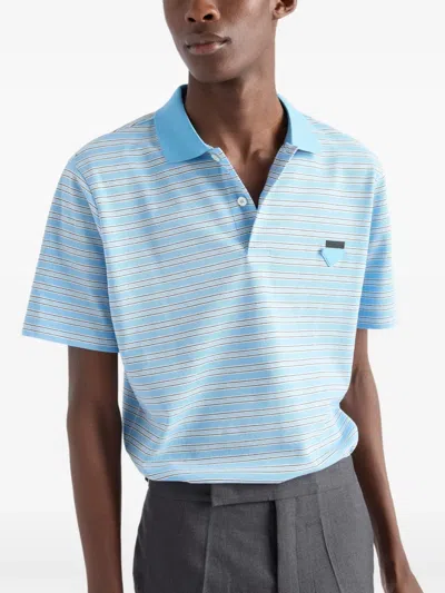 Prada Embroidered Piquet Polo Shirt In Blue