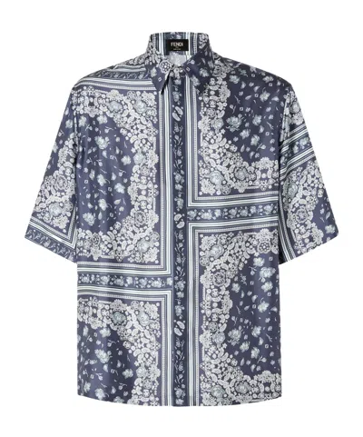 Fendi Men Blue Shirt With All-over Bandana Print In Silk Man