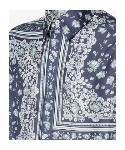 Fendi Men Blue Shirt With All-over Bandana Print In Silk Man