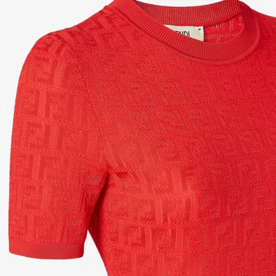 Fendi Women Red Short Sleeve Dress With All-over Ff Motif In Cotton Blend Woman In Multi