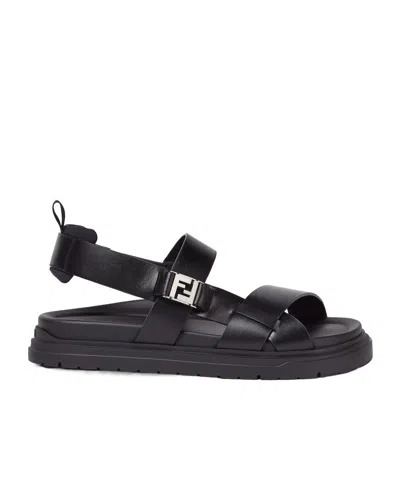 Fendi Ff Leather Sandals In Black
