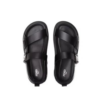 Fendi Ff Leather Sandals In Black