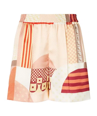 Fendi Vibrant Patchwork Silk Shorts With Relaxed Fit In Multi