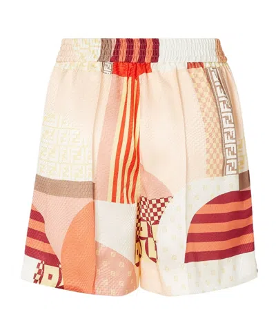 Fendi Vibrant Patchwork Silk Shorts With Relaxed Fit In Multi