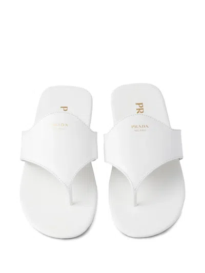 Prada Brushed Leather Thong Sandals In White