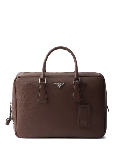 Prada Triangle Logo Leather Briefcase In Brown