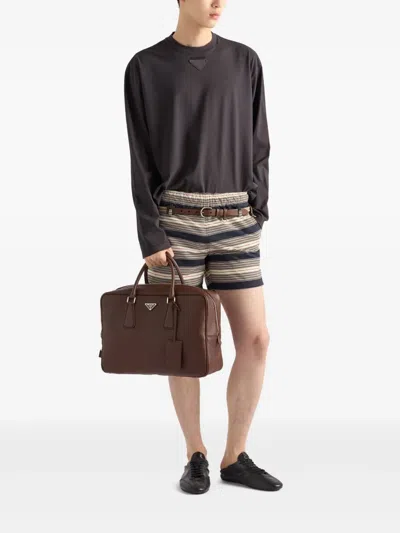 Prada Triangle Logo Leather Briefcase In Brown