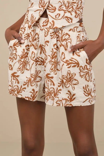Lulus Railee Ivory And Brown Floral Pull-on Shorts In Pattern