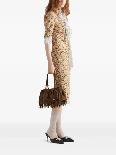 Prada Suede Shoulder Bag With Fringe And Handles In Brown