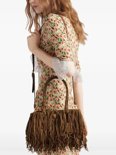 Prada Suede Shoulder Bag With Fringe And Handles In Brown