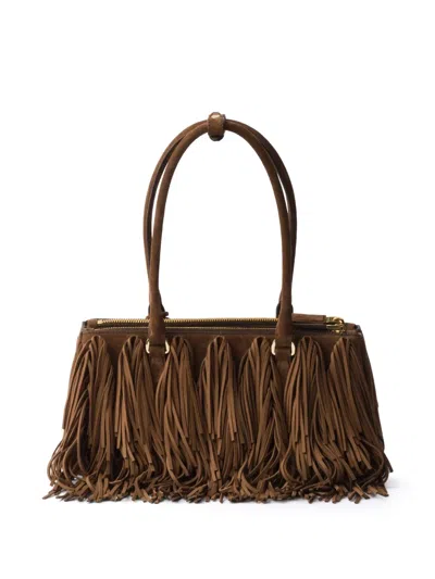 Prada Suede Shoulder Bag With Fringe And Handles In Brown