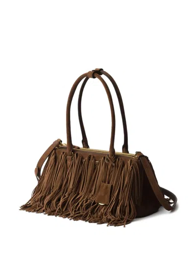 Prada Suede Shoulder Bag With Fringe And Handles In Brown
