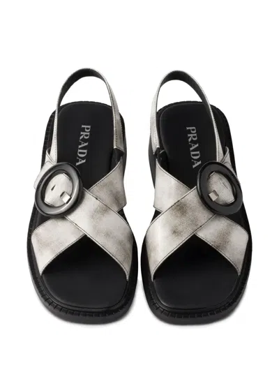 Prada Leather Sandals Featuring Buckle And Metallic Finish