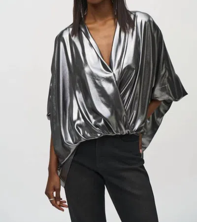 Joseph Ribkoff Metallic Foiled Chiffon Wrap Top In Pewter In Black
