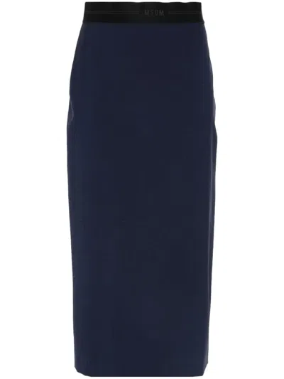 Msgm Calf-length Skirt With Rear Slit And Slub Texture In Blue