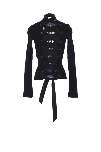Balenciaga Lace-up Fitted Turtleneck Knitwear Black In Animal Print