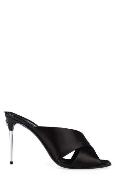Dolce & Gabbana Solid Color Satin Sandals With Silver-tone Dg Monogram Heel