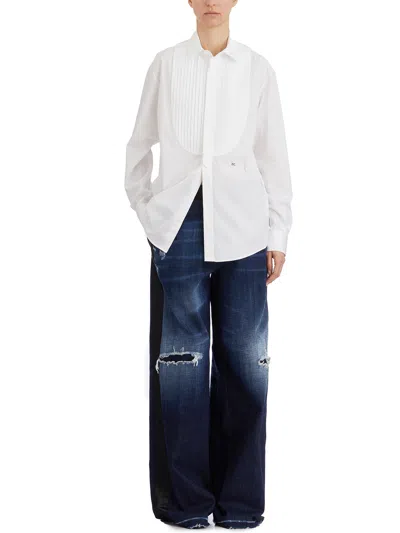 Dsquared2 Embroidered Collar Pleated Front Shirt In White