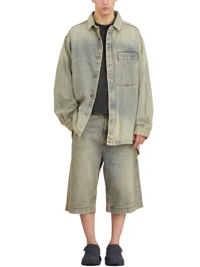 Entire Studios Mens Surface Wave Herculean Dipped-hem Vintage-wash Denim Shirt