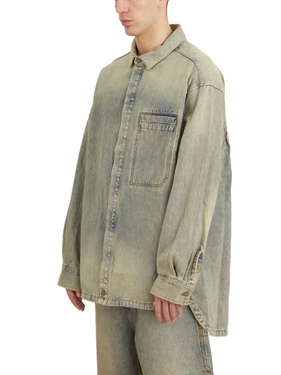 Entire Studios Mens Surface Wave Herculean Dipped-hem Vintage-wash Denim Shirt