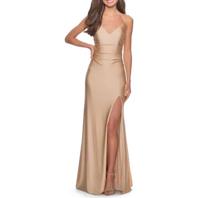 La Femme Long Homecoming Dress With Slit And Criss Cross Back In Gold