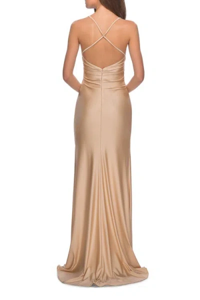 La Femme Long Homecoming Dress With Slit And Criss Cross Back In Gold