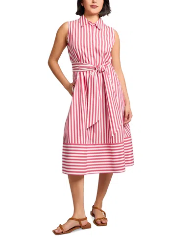 Jones New York Stripe Sleeveless Midi Shirtdress In Pink