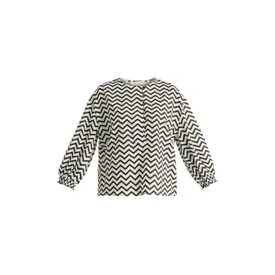 Paisie Women's Buttoned Mid Sleeve Top In Zigzag Pattern In White And Black