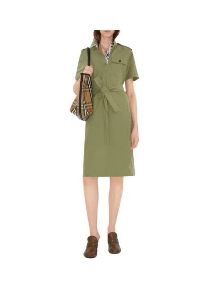Burberry Belted Cotton Shirt Dress In Green