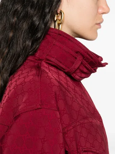 Gucci Monogram High Collar Long Length Jacket In Burgundy