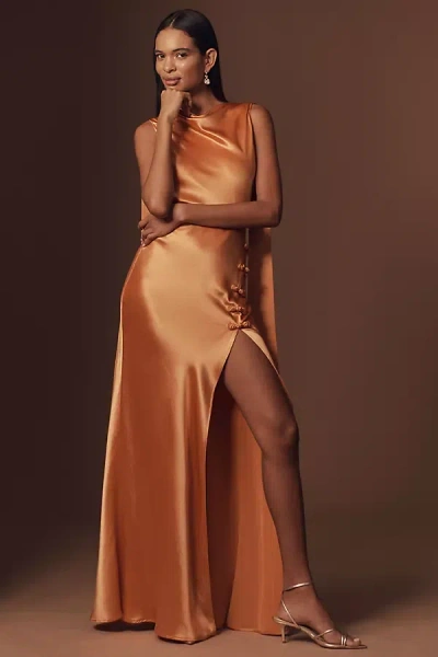 Sau Lee Priscilla Satin High-neck Column Maxi Dress In Orange