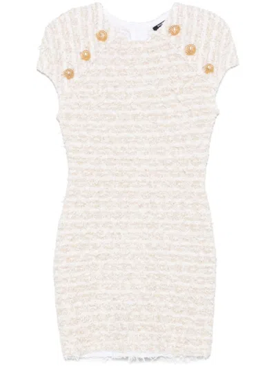 Balmain Mini Dress In Tweed Fabric In White