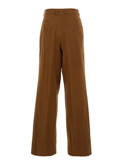 Pt Torino Frankie Brown Pants With Belt Loops In Cotton And Linen Blend Woman