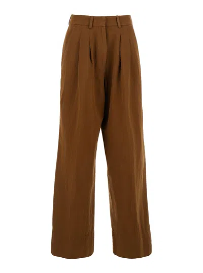 Pt Torino Frankie Brown Pants With Belt Loops In Cotton And Linen Blend Woman